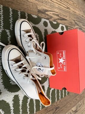 Converse White Pinstripe High Top Sneakers with Tan Lining